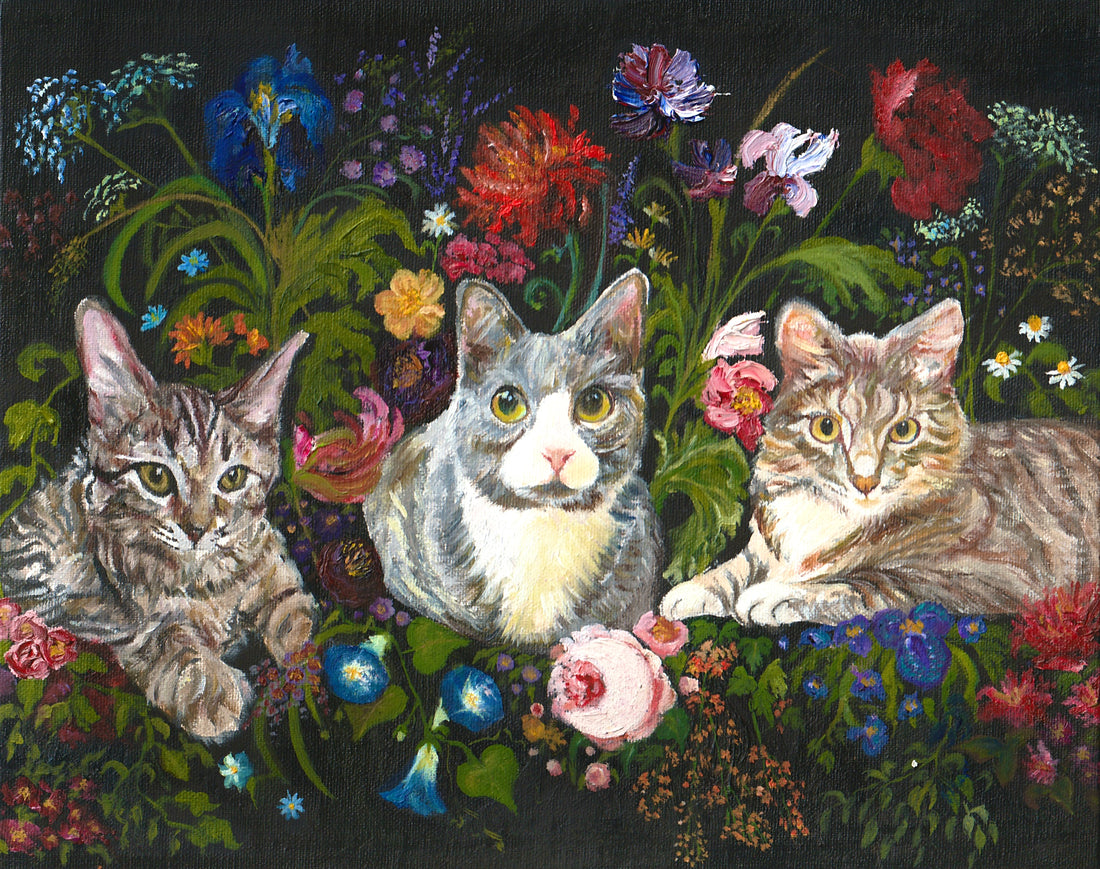 "Tres Gatos" - A Symphony of Cats and Flowers