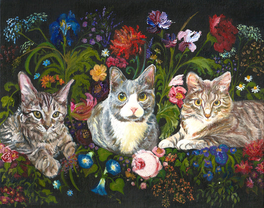 "Tres Gatos" - A Symphony of Cats and Flowers